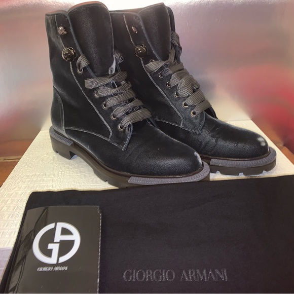 Giorgio Armani Shoes - Giorgio Armani Velvet Lace-up Boots Size 39 dark grey velvet